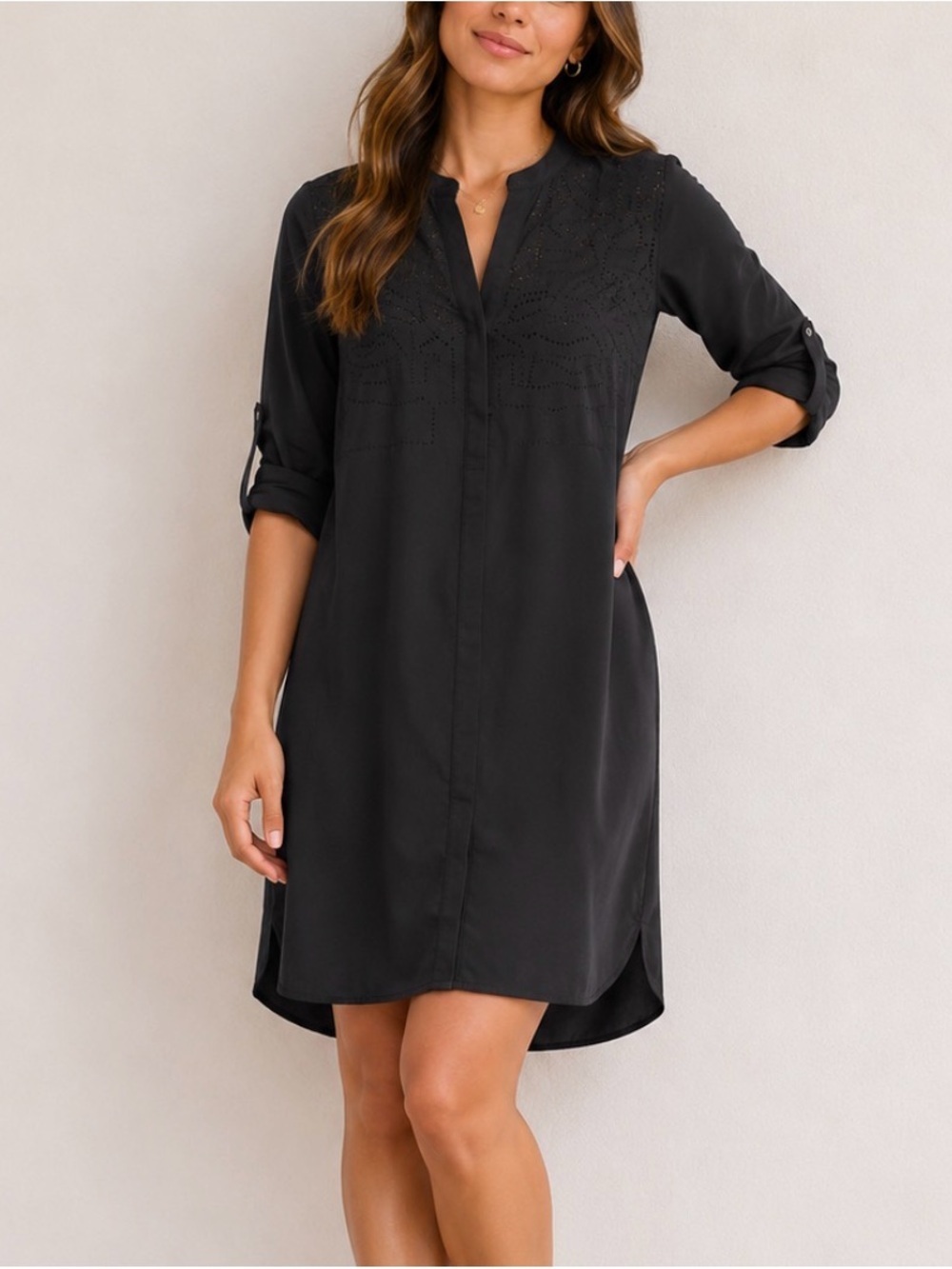 White House Black Market WHBM Black Laser-Cut Open Front Tunic shirt dress SZ 2